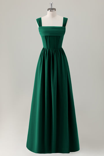 Vestido largo de dama de honor con corsé de cuello cuadrado azul oscuro con cordones en la espalda